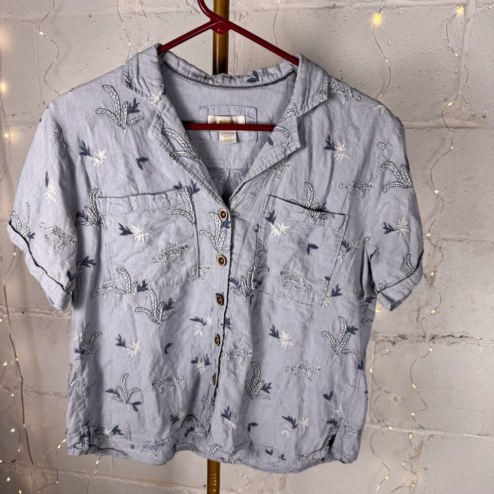 maeve anthropologie linen cotton embroidered tiger jungle shirt size S